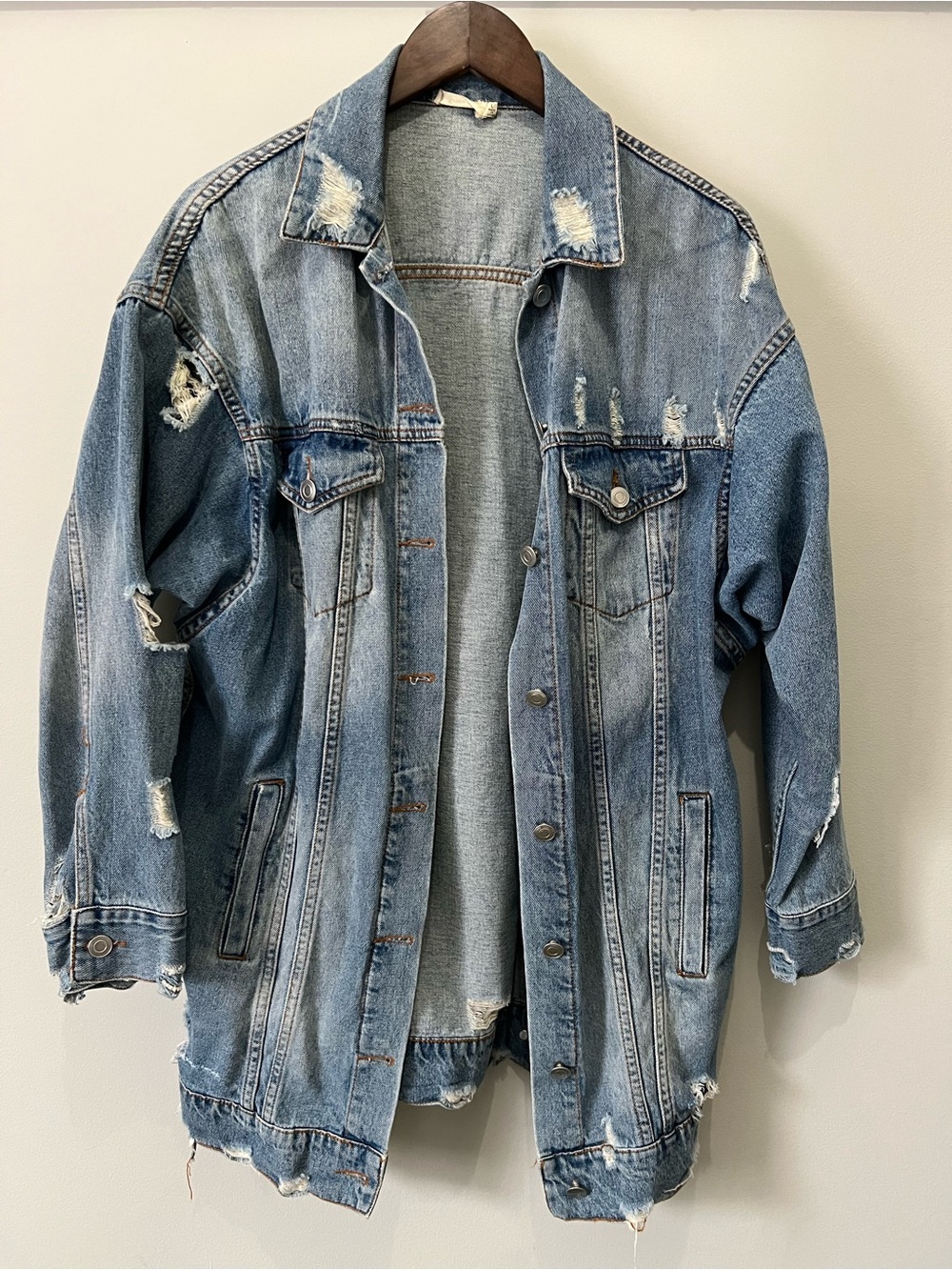Essue Ripped Long Jean Jacket - Picture 2 of 3